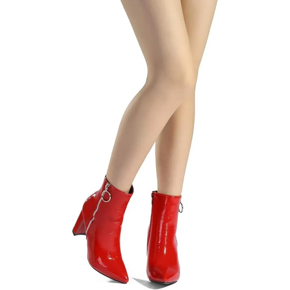 Dream Pairs Women's Red/Pat-3 Pointed Toe Fur Lining Block Heel Ankle Booties